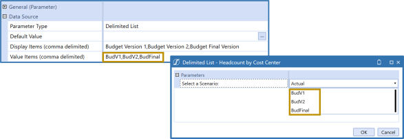 Displays the definition of a Delimited List parameter assigned to a cube view that prompts users to select a budget scenario for use in head count reporting, ""